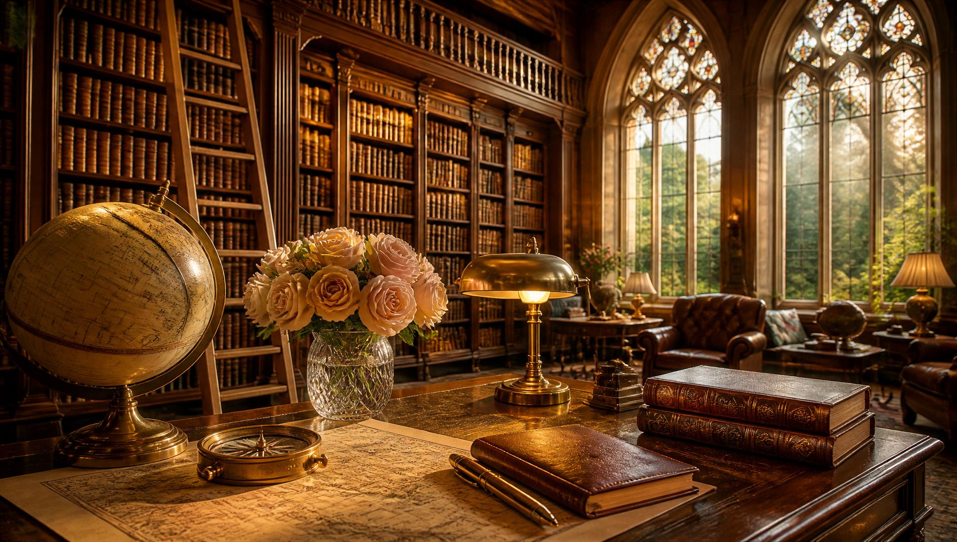 A grand two-storey private library flooded with soft morning daylight, floor-to-ceiling mahogany bookshelves, a brass mezzanine gallery and rolling ladder, arched garden windows, an antique writing desk with brass lamp, opened world atlas, brass compass, leather journal and a crystal vase of pale pink roses.